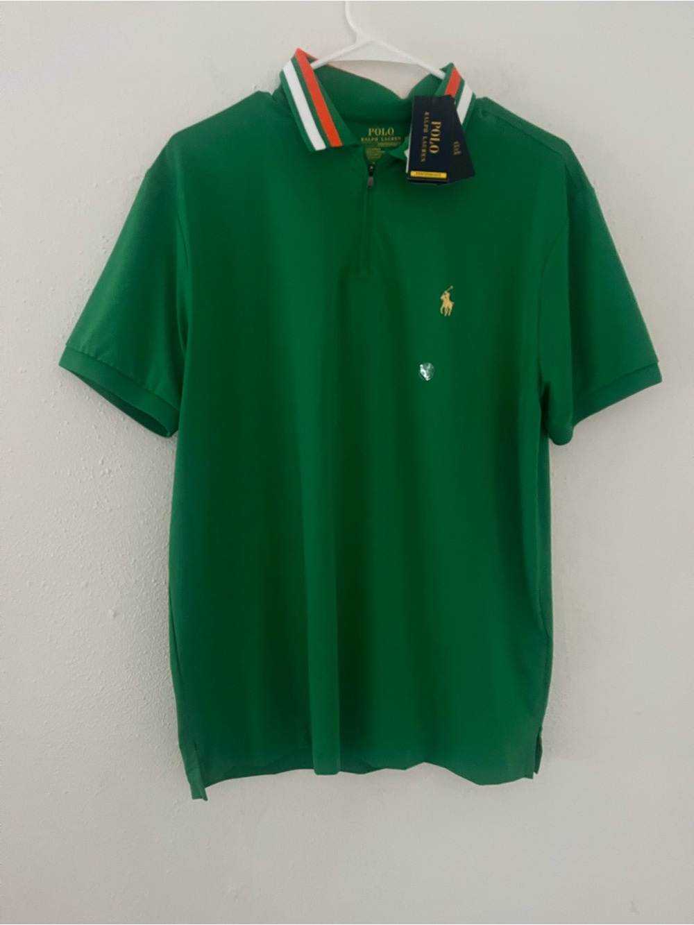 Polo by Ralph Lauren Emerald Green Short-Sleeve Zip Polo with Striped Collar
